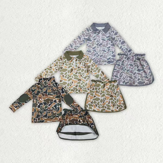 Orange green camo pullover top matching skirts girls yoga outfit