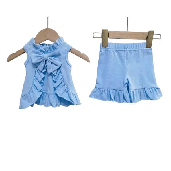 wholesale kids girl blue cotton top skirt 2pcs outfit