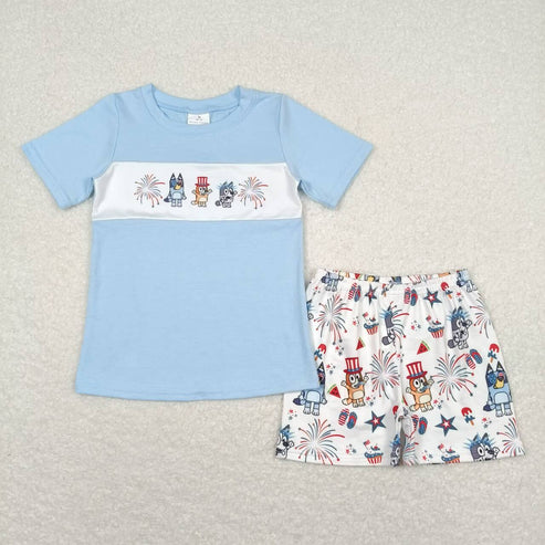 sister brother blue cartoon dog American girls july 4th patriotic clothes