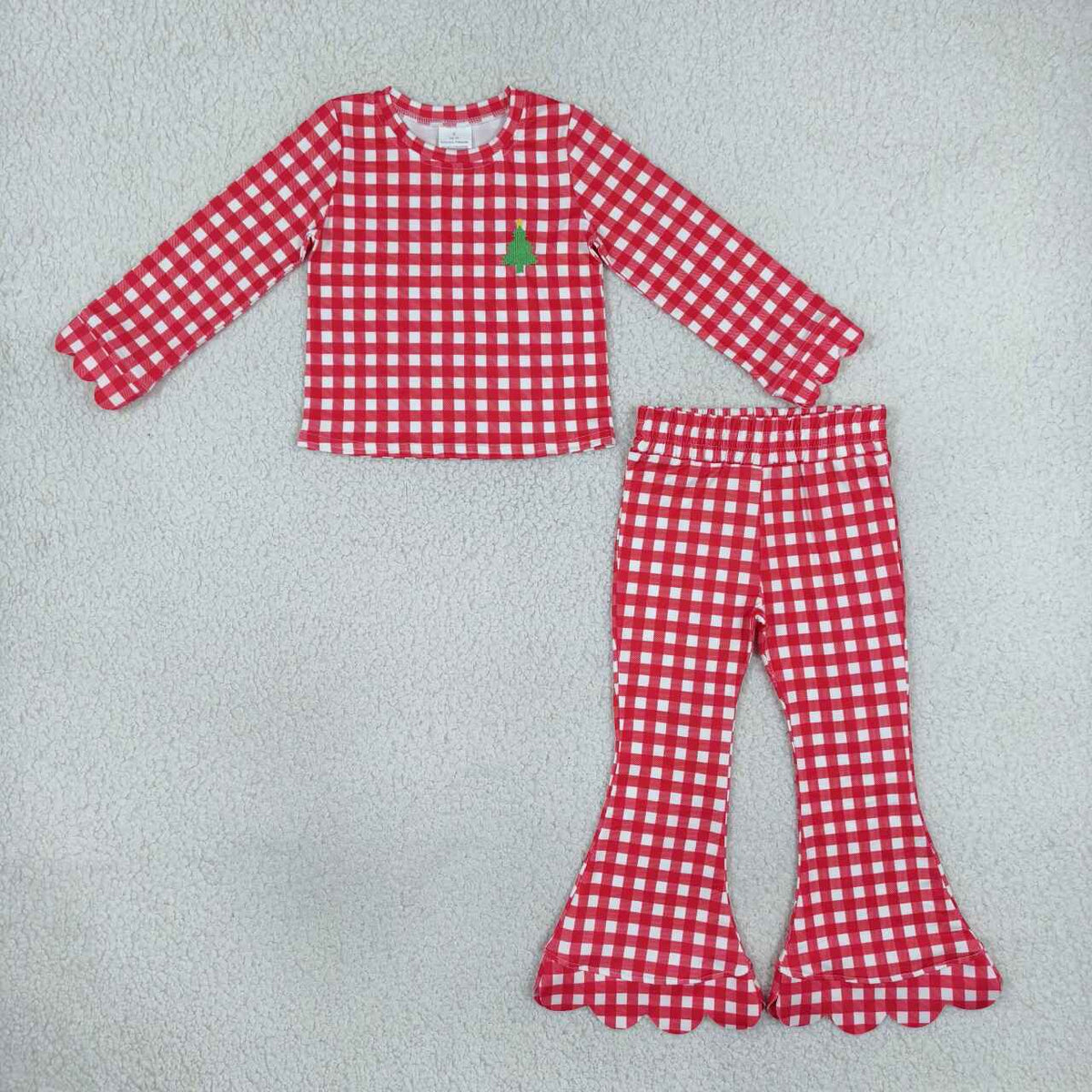Long sleeve red plaid Christmas tree embroidery top matching pants girls wholesale factory price outfit
