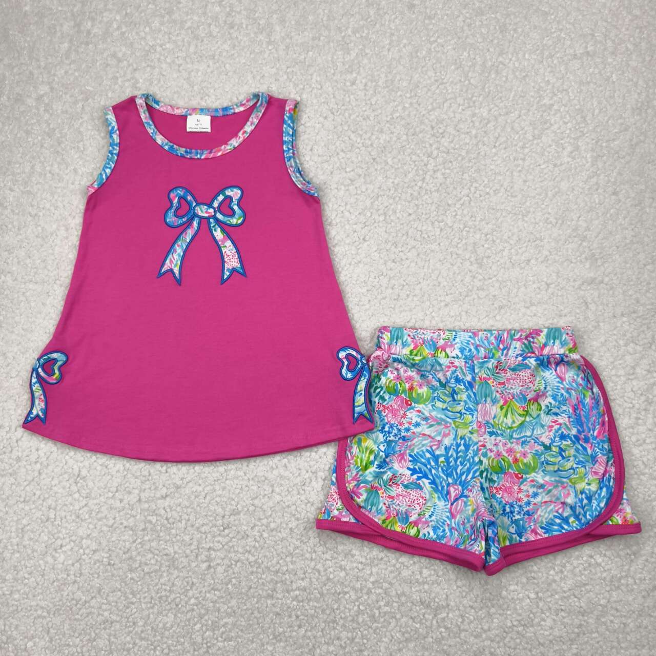 Toddle girl embroidery floral bow top matching shorts summer outfit