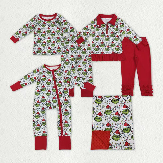 Christmas green face kids girls matching pajama set
