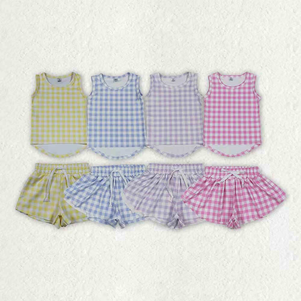 Yellow plaid top matching shorts girl summer yoga outfit preorder