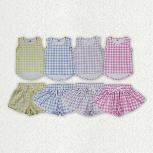 Yellow plaid top matching shorts girl summer yoga outfit preorder