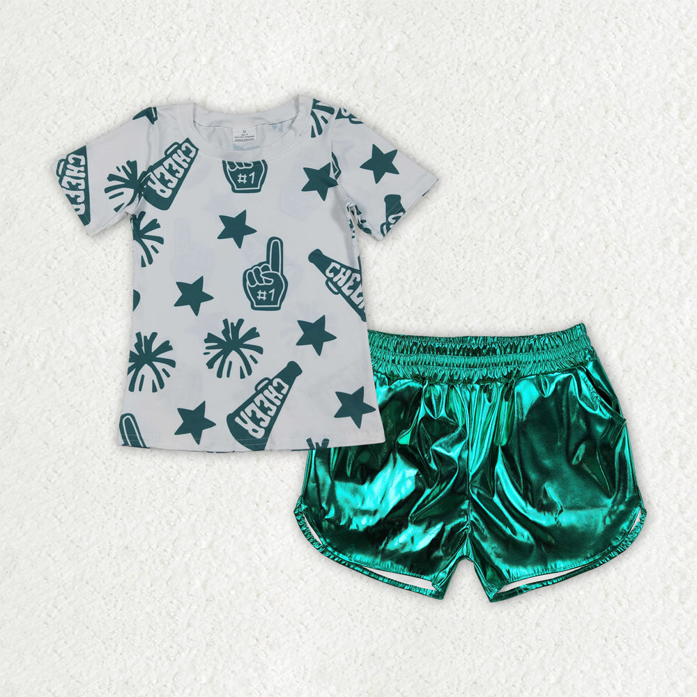 Girls green cheer shirt pu shorts girl summer outfit