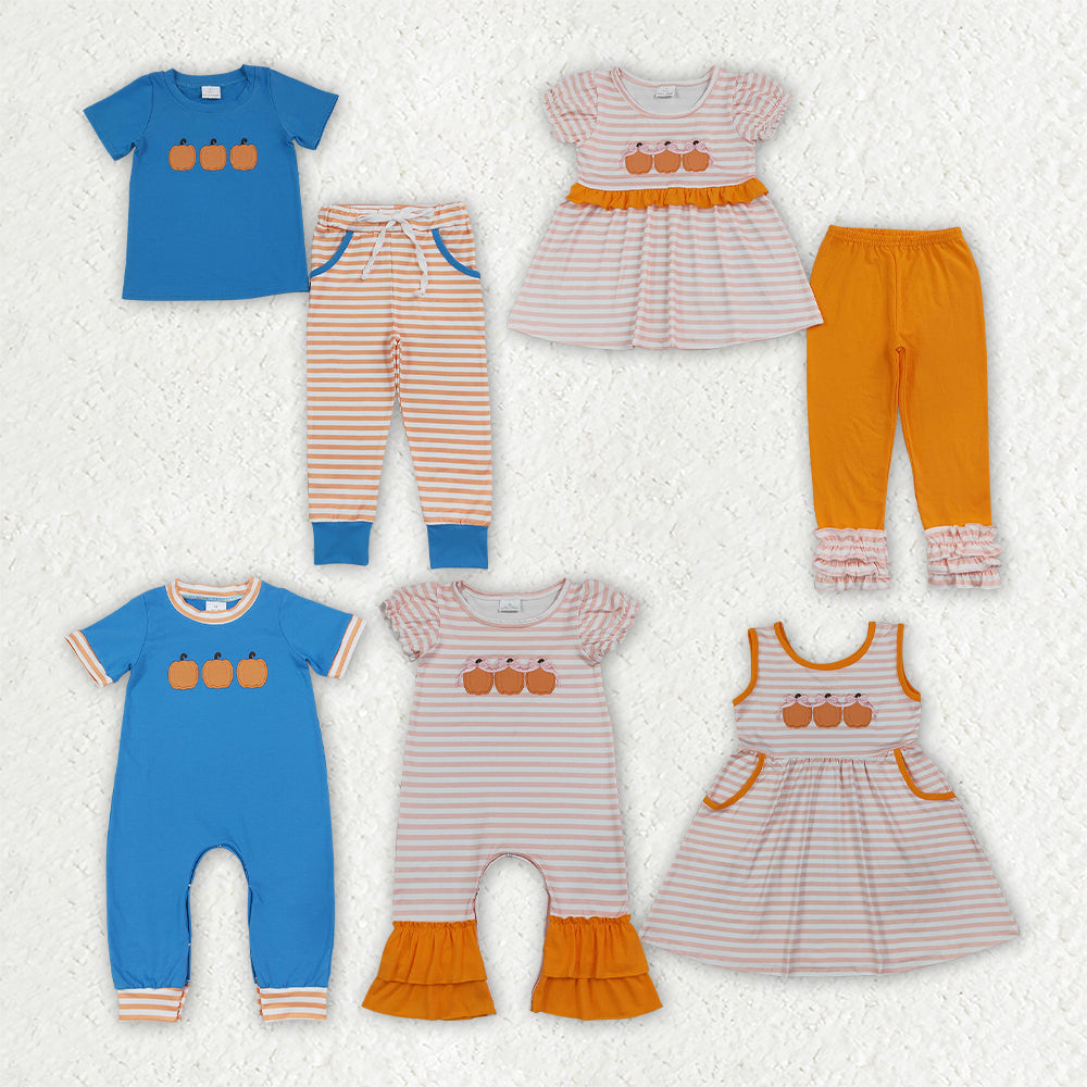 Embroidery pumpkins long sleeve top matching pants sister brother matching outfit