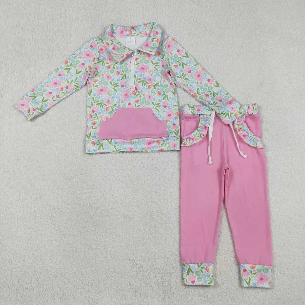Pink lavender floral design kids girls long sleeve outfit