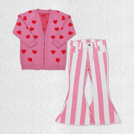 Valentines heart cardigan pink stripes jeans bell bottoms outfit