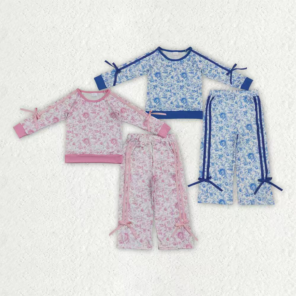 Blue flowers print long sleeve top matching pants girls fall outfit
