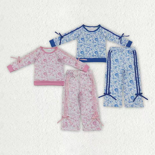 Blue flowers print long sleeve top matching pants girls fall outfit
