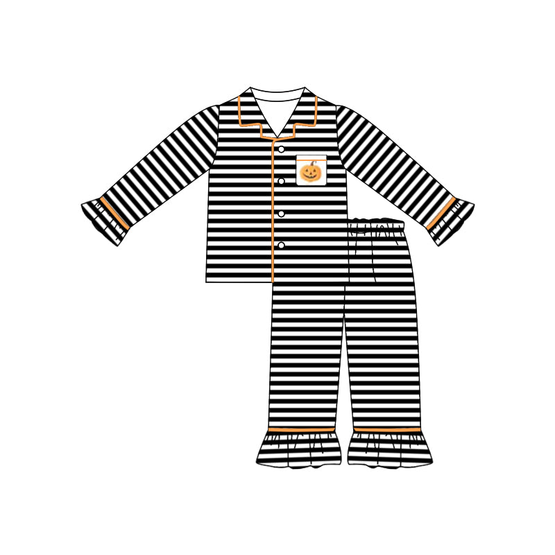 Black stripes Halloween pumpkin button down pajama set