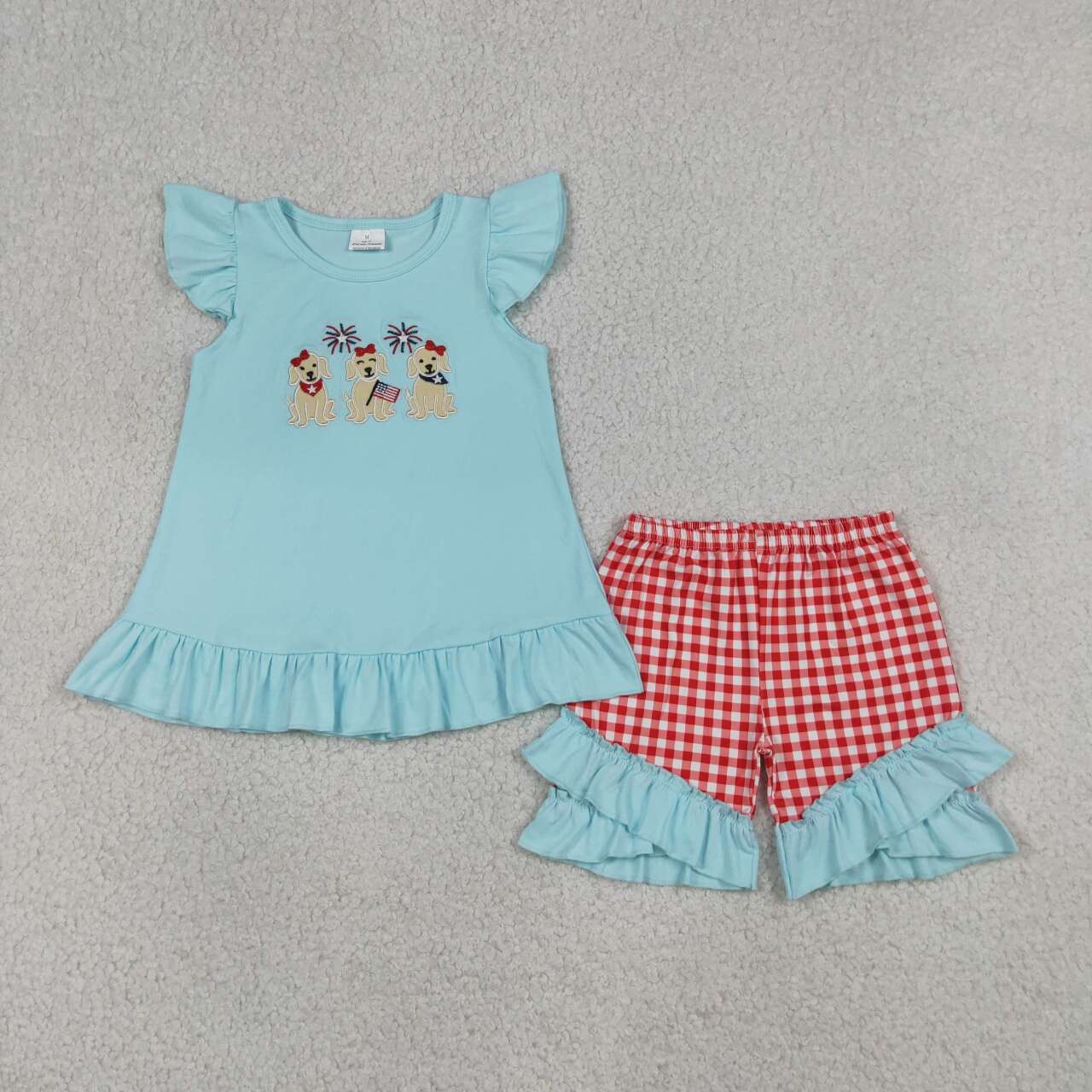 Embroidery America flag dog top matching shorts girls summer outfit
