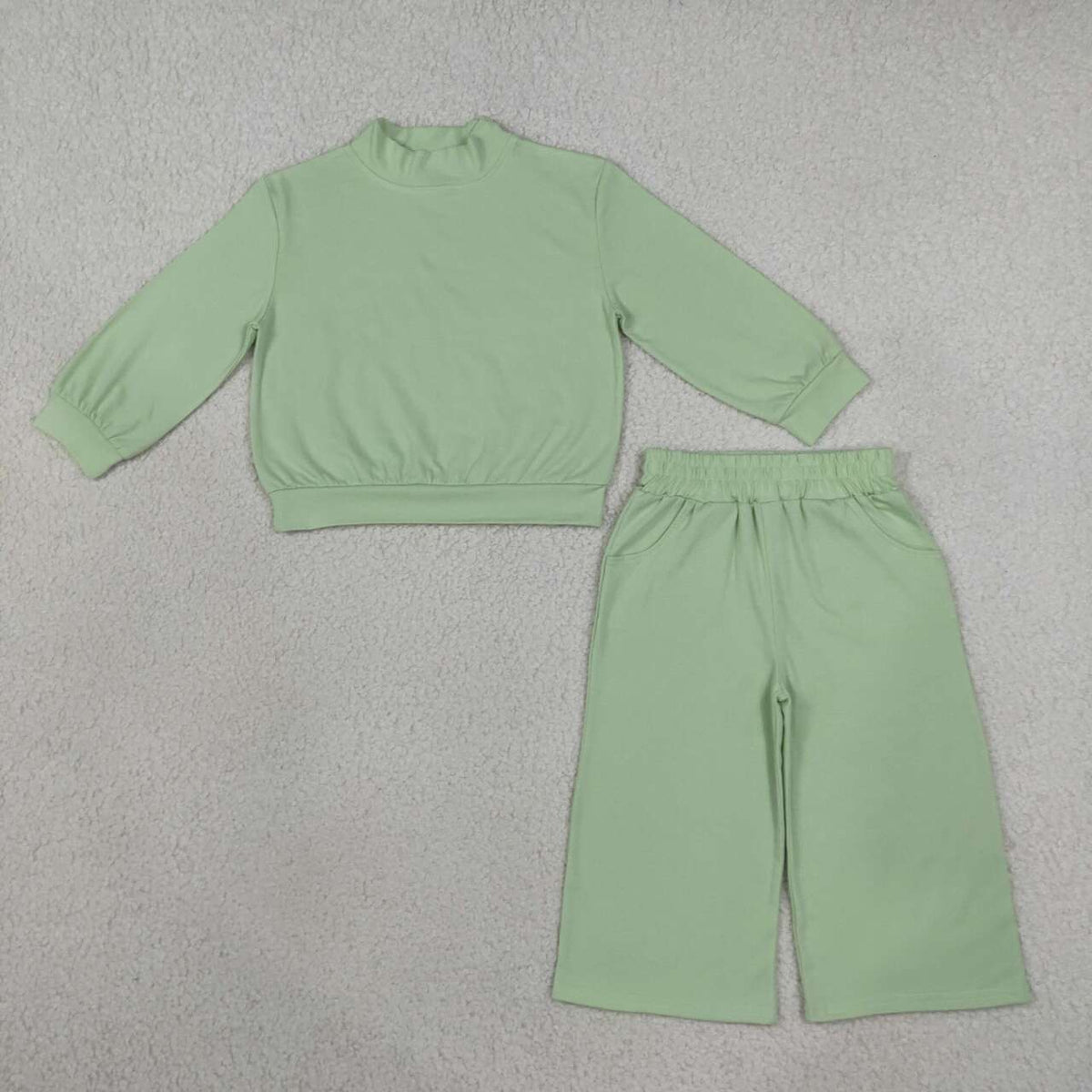 Green color long sleeve top matching pants girls outfit