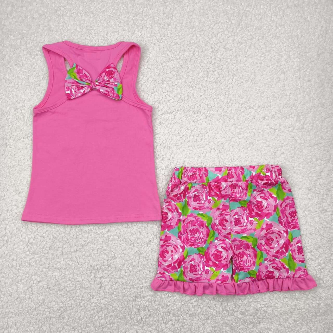 Baby girl hot pink embroidery floral bow top matching shorts summer outfit