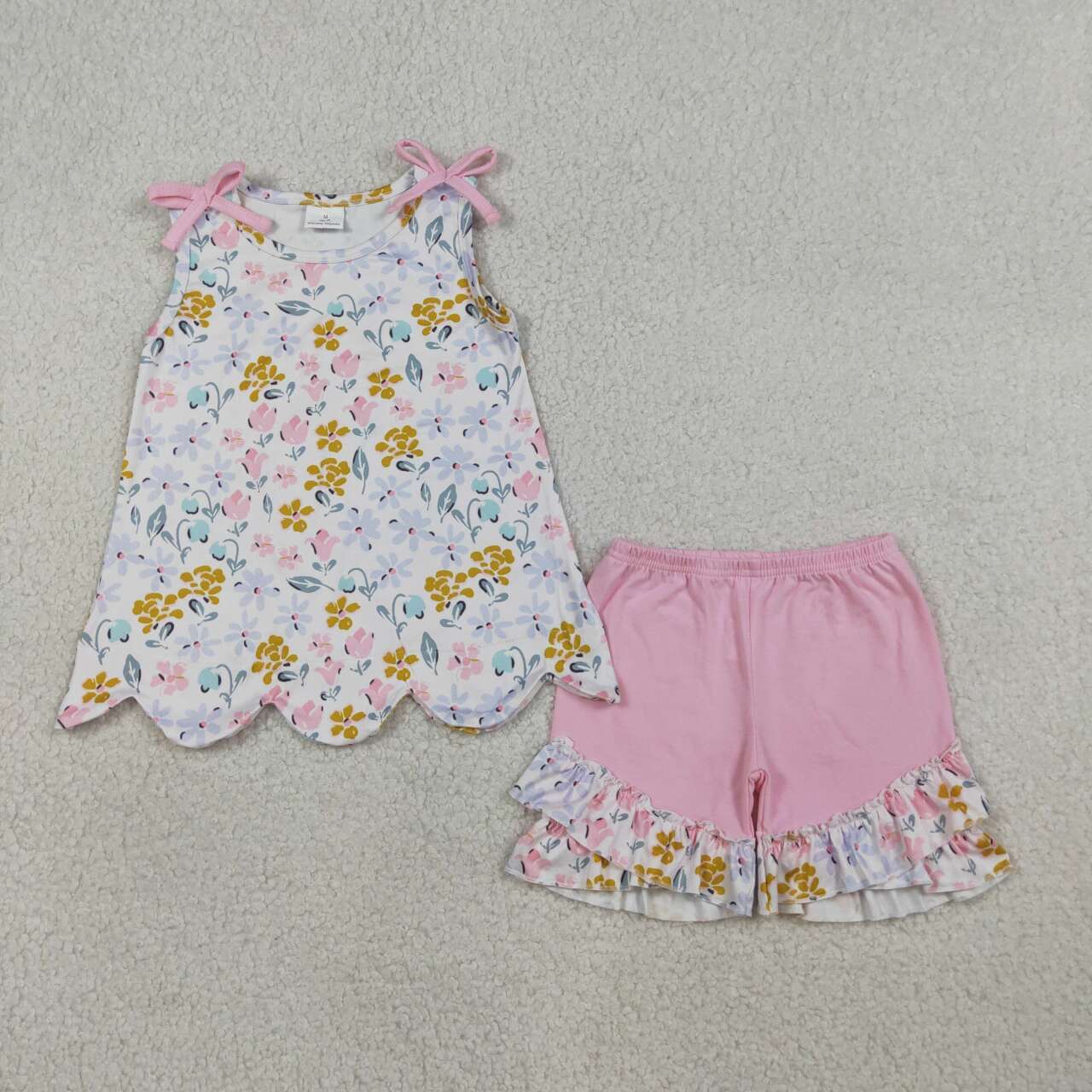 Pink blue flowers top matching shorts girls summer outfit