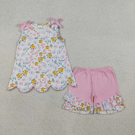 Pink blue flowers top matching shorts girls summer outfit