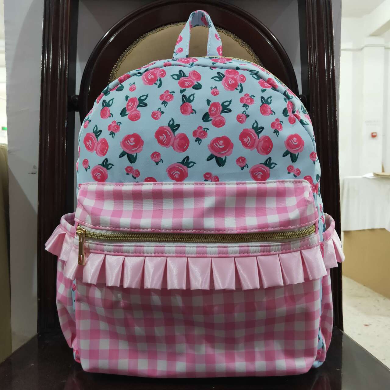 toddle baby girls floral pink checkered mini backpack