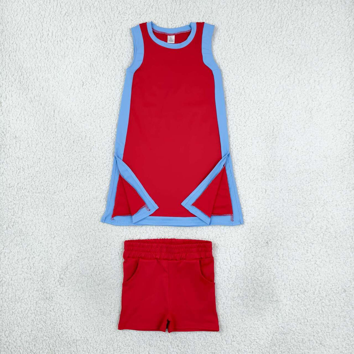 Red sleeveless yoga pullover top matching shorts girls outfit
