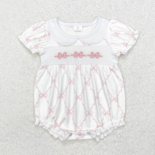 wholesale kids baby girls embroidery pink bow boutique romper