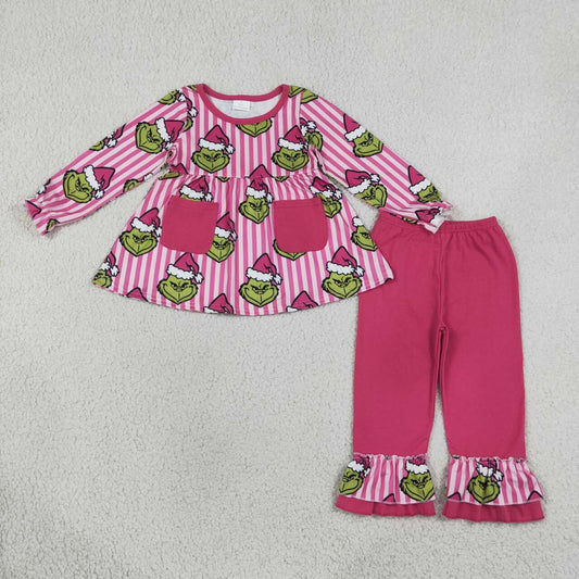 Christmas green face long sleeve top matching pants girl outfit