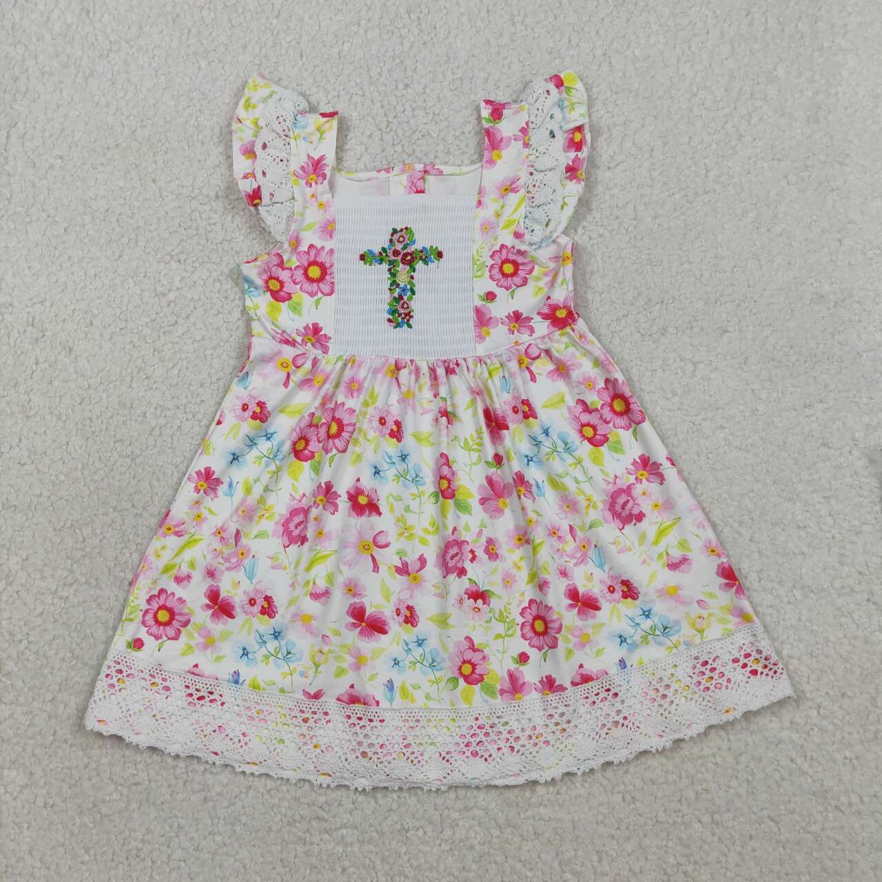 Easter cross girls floral smocked dress