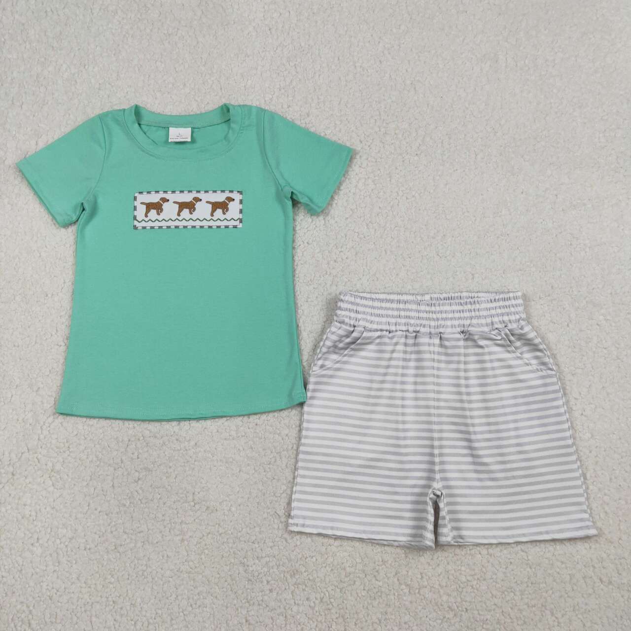 Cute embroidery dog top matching shorts boy summer outfit