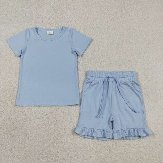 Blue short sleeve top matching shorts girls summer outfit