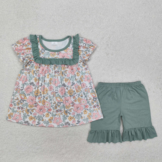 Baby girl blue floral top matching shorts summer outfit