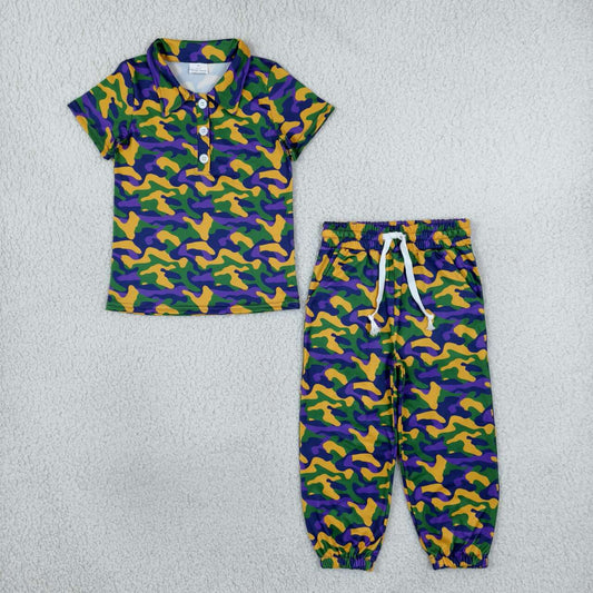 Mardi gras camo print  long sleeve  top matching pants boy outfit