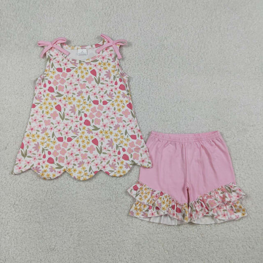 Pink flowers top matching shorts girls summer outfit