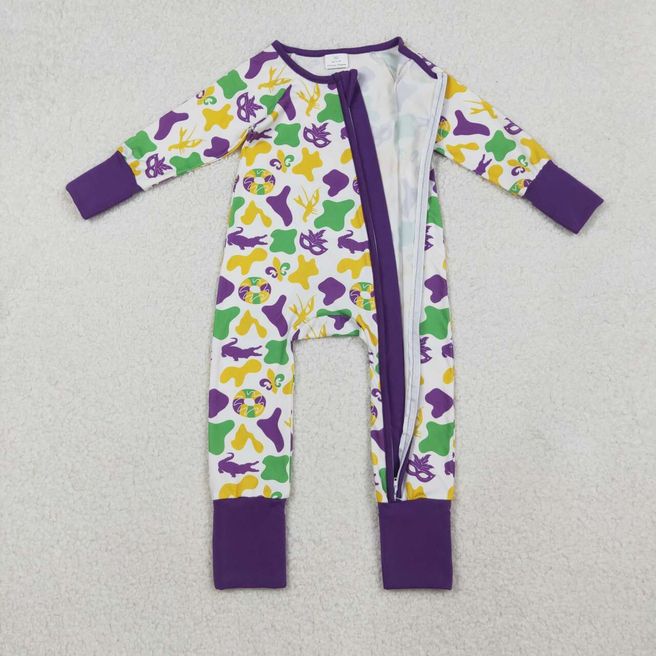 Mardi Gras mask design toddle baby long sleeve zip romper