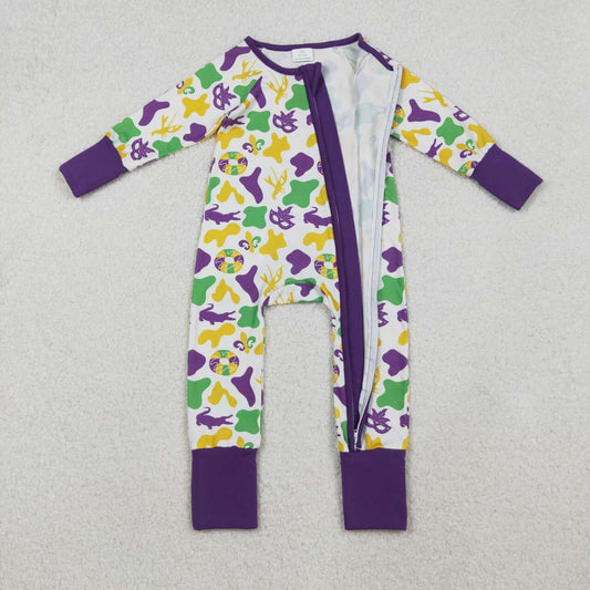 Mardi Gras mask design toddle baby long sleeve zip romper