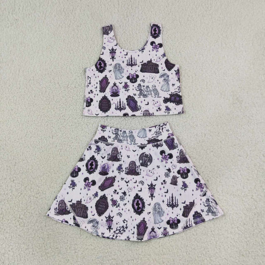 baby girls sleeveless Halloween ghost yoga top matching skorts yoga clothing set