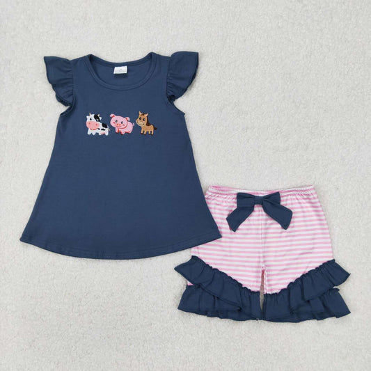 Toddle baby girl embroidery cow pig horse animal summer outfit