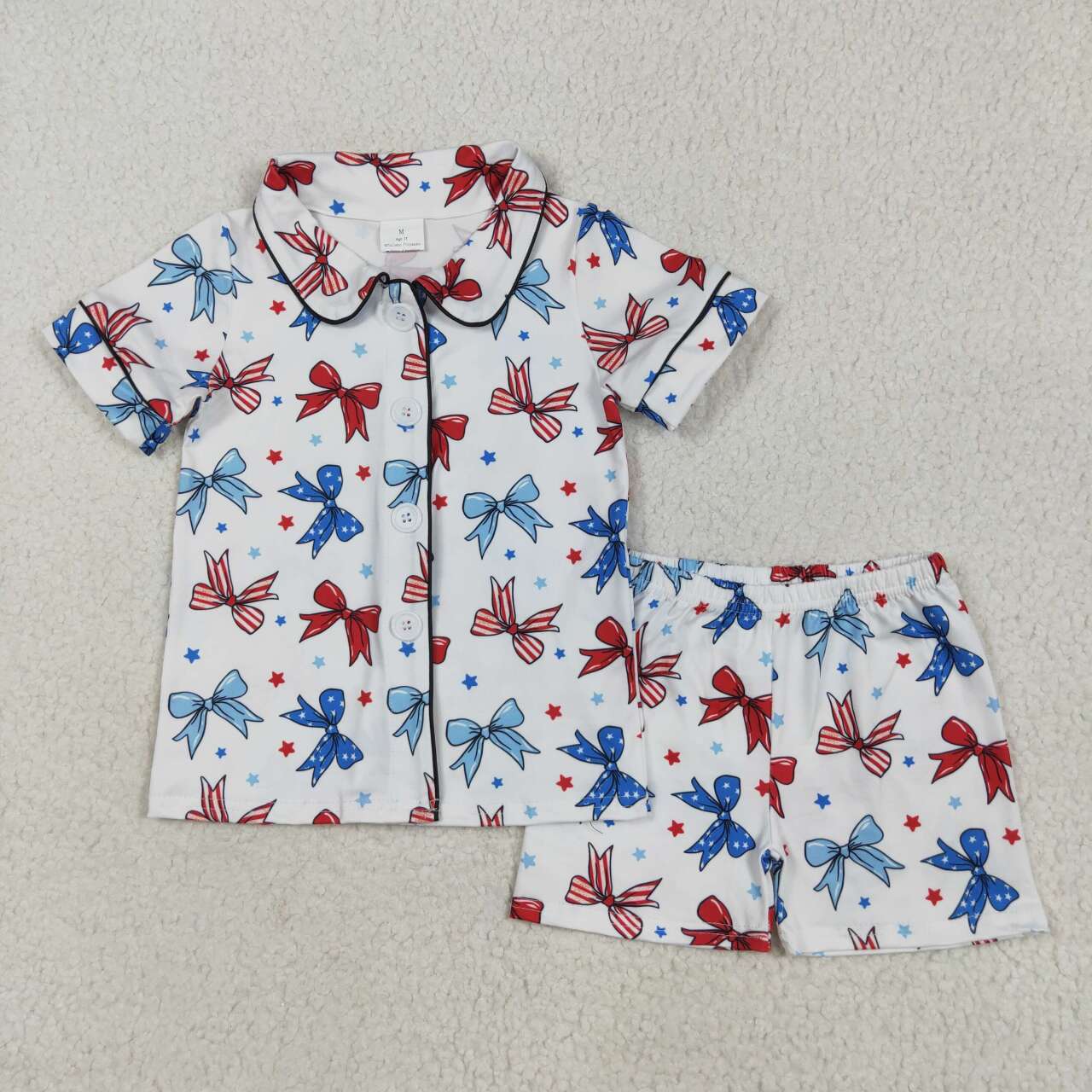 Red blue bow baby girls July 4th pajama set