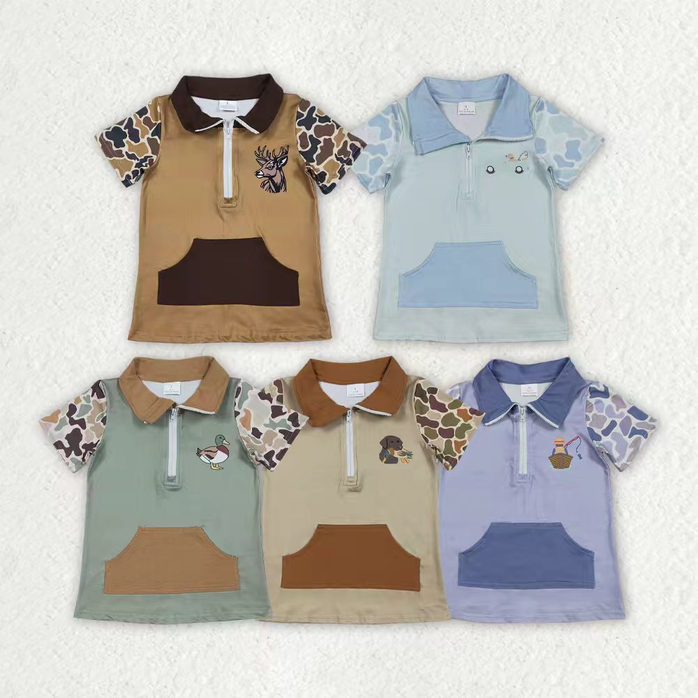 Fishing camo design kids short sleeve pullover top