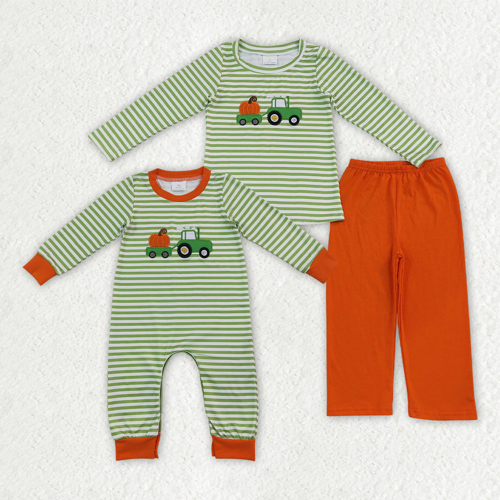Boy long sleeve fall pumpkin truck embroidery top matching pants boy spring fall outfit