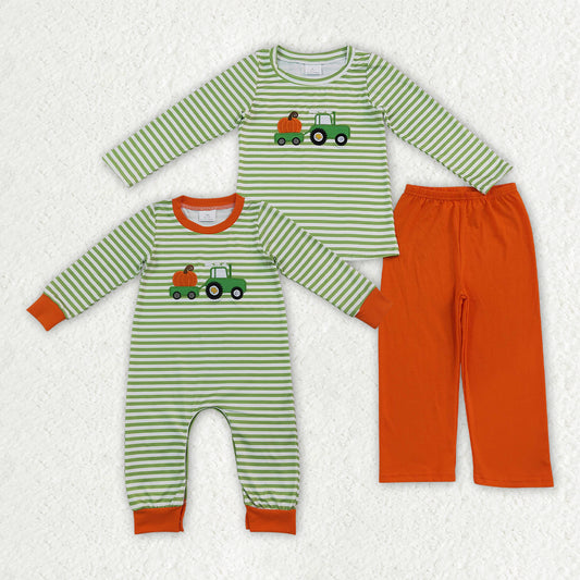 Boy long sleeve fall pumpkin truck embroidery top matching pants boy spring fall outfit