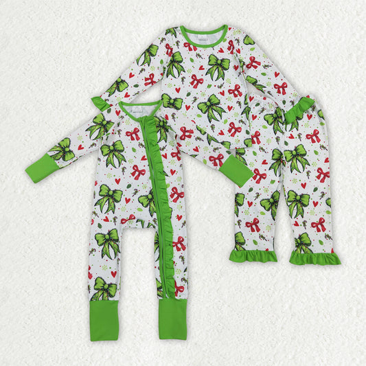 Christmas red green bow girls long sleeve matching outfit