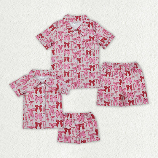 mommy and me pink bow short sleeve button down pajama set