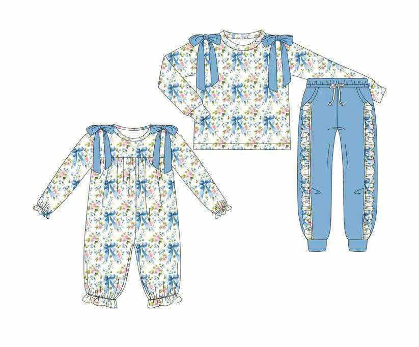 Blue bow floral design matching outfit  wholesal factory price