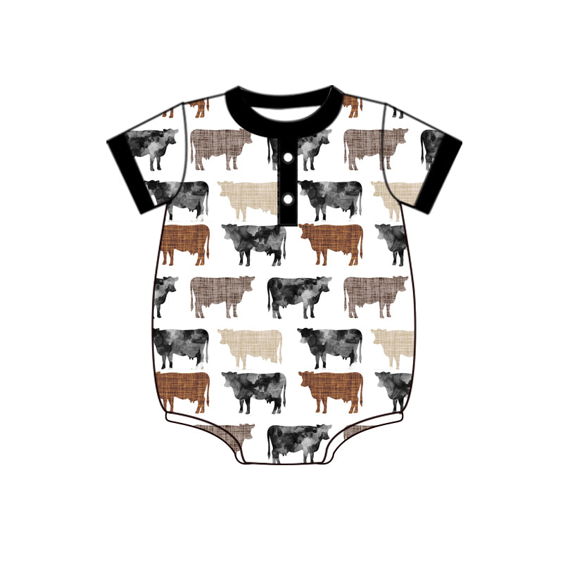 infant baby boy short sleeve farm cow button romper