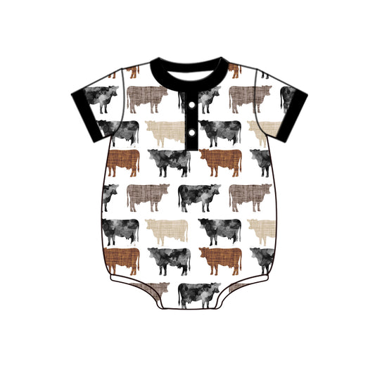 infant baby boy short sleeve farm cow button romper