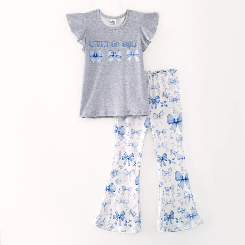Child of god blue bow girls matching set