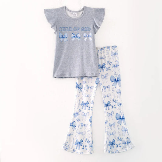 Child of god blue bow girls matching set