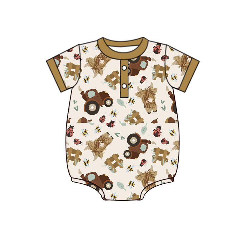 infant baby short sleeve highland cow button romper