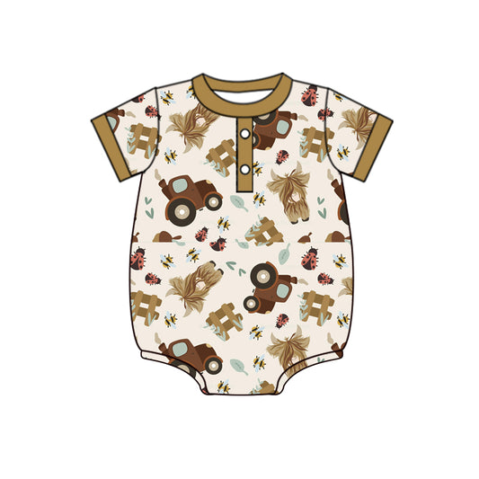 infant baby short sleeve highland cow button romper