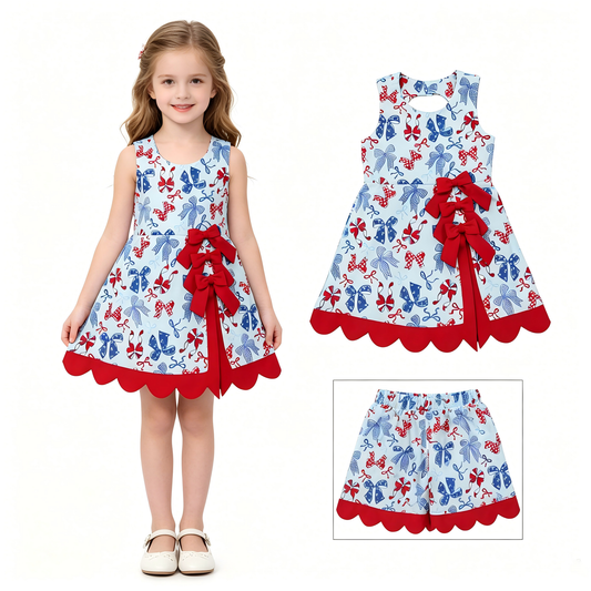 Red blue bow print girls summer active wear dress