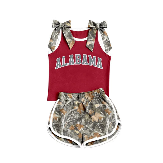Custom team camo bow alabama top matching shorts girl summer outfit wholesale factory price