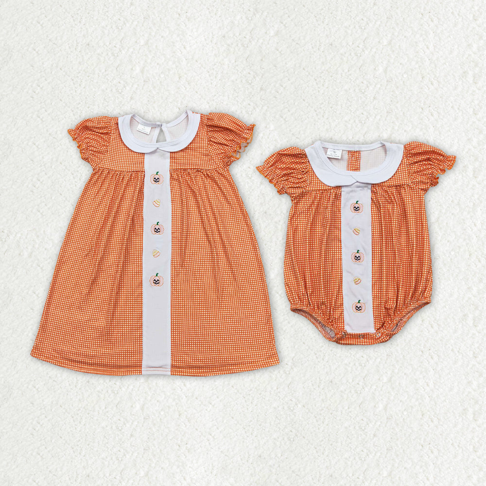 best sister embroidery fall pumpkin orange gingham clothes